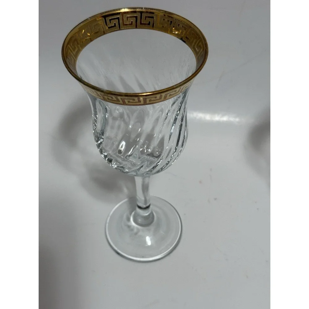 Vintage Gold Greek Key Wine Glasses Set‎ of 2 Optic Swirl Bowl Elegant Barware